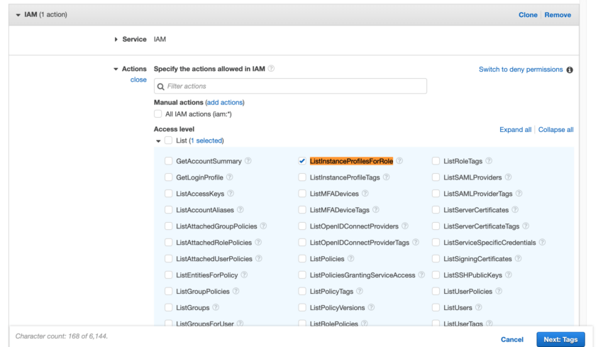 AWS user is not authorized to perform: iam:ListInstanceProfilesForRole ...