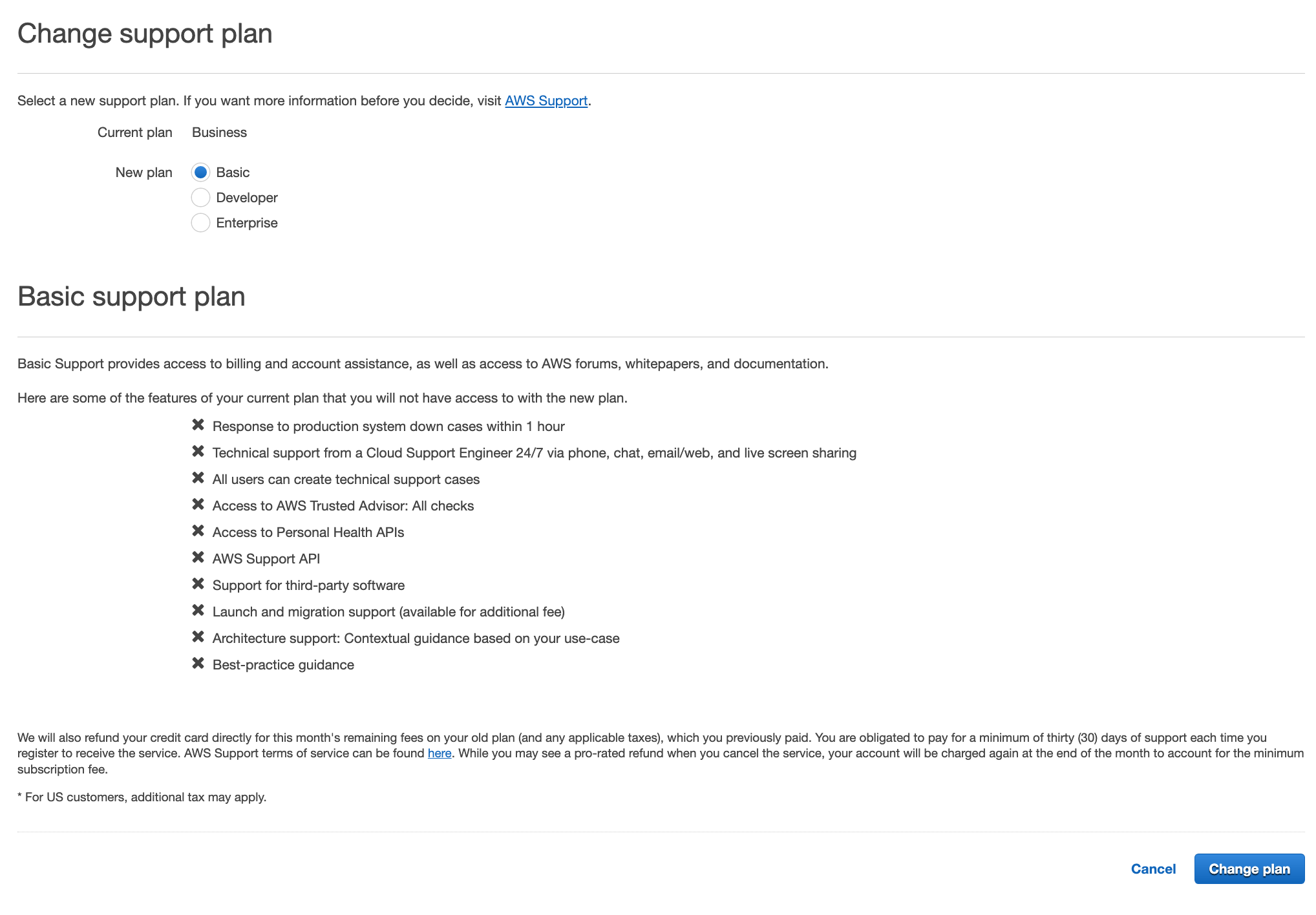 Change support plan from Business to Basic in AWS - Studyraft